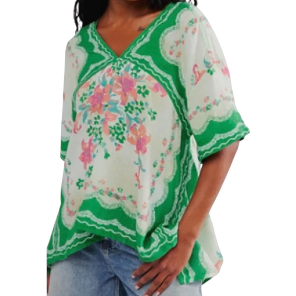 We The Free People Boho Washed in Flowers Linen Blend V-Neck Flowy Top NWT (S)